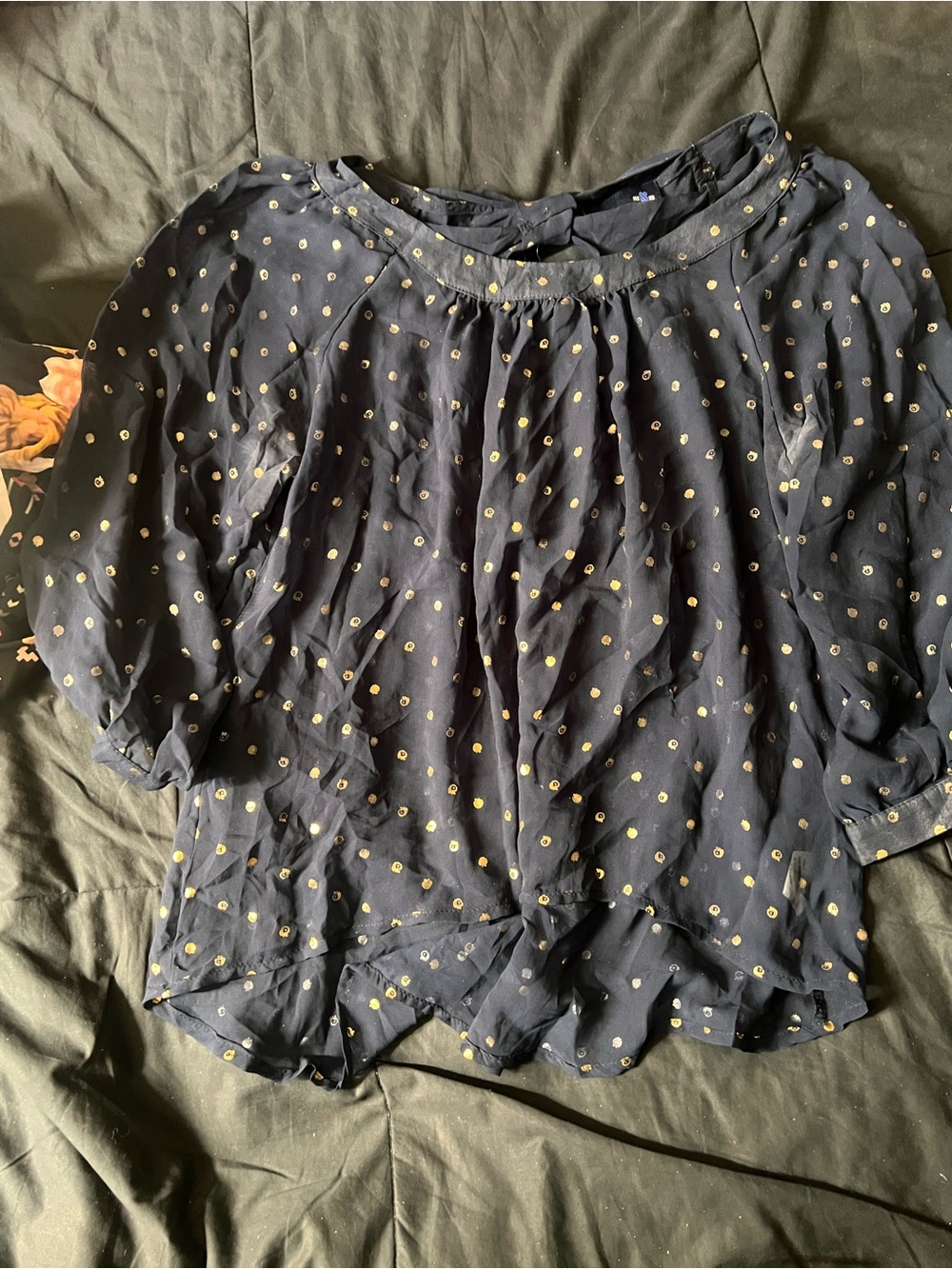 Women’s Navy Polka Dot Blouse with Gold Accents